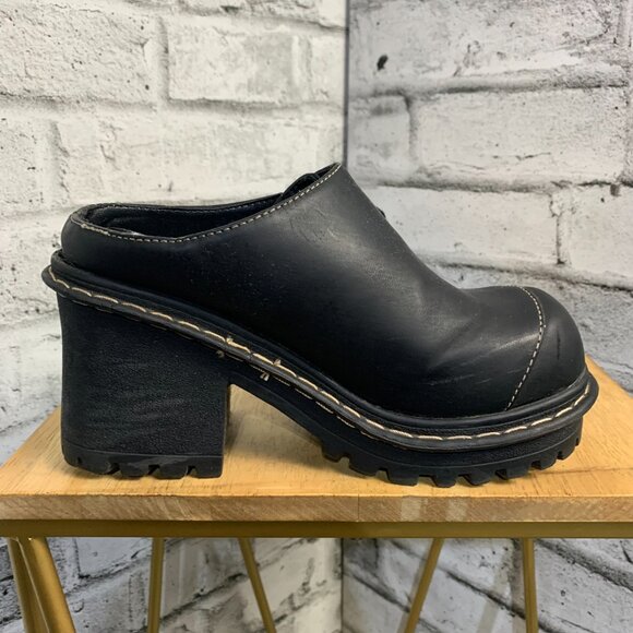 Vintage Y2K Nevada Chunky Heel Platform Mules 5 Black Leather Slip On Shoes 90s - Picture 3 of 13
